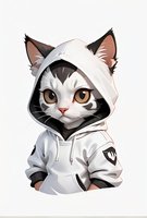 Cute cartoon cat wearing white hoodie sweatshirt with serious expression on isolated background, suitable for merchandise and youth-oriented designs.