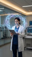 Female scientist using tablet with holographic DNA helix projection in modern laboratory for genetic research and biotechnology innovation.