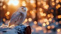 Snowy owl perched on snow-covered log at sunset with warm bokeh lights, wildlife photography for nature and animal design projects.