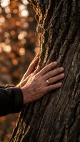 Elderly hand touching tree bark in warm golden sunlight with bokeh background, connecting with nature in peaceful forest setting.