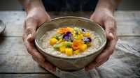 Hands holding rustic ceramic bowl with creamy soup topped with colorful diced vegetables and edible flowers, ready for serving or food photography.