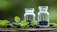 Fresh blueberries with green leaves and glass jars on wooden surface against natural blurred background for organic food and healthy lifestyle concepts.