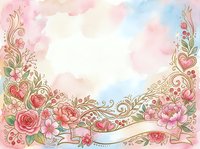Ornamental floral frame with roses and decorative scrolls on watercolor background, suitable for wedding invitations, greeting cards, and romantic design projects.