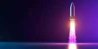 Rocket launch with vibrant purple and pink exhaust flames against dark background, dramatic lighting creates futuristic atmosphere for space exploration concepts.