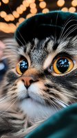 Close-up portrait of fluffy cat with striking yellow eyes and reflection of lights, long whiskers and soft fur against blurred bokeh background in warm tones.