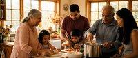 Multi-generational Hispanic family cooking together in warm kitchen, grandparents teaching children traditional recipes, bonding over homemade meal preparation.