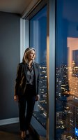 Professional blonde businesswoman in dark suit standing by floor-to-ceiling windows overlooking illuminated city skyline at dusk in modern office.