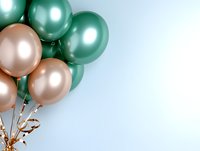 Metallic green and rose gold balloons bunch on light blue background for party celebration decoration and festive events with copy space.