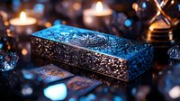 Mystical tarot deck box with ornate silver details glowing in blue candlelight against dark background, creating magical atmosphere with bokeh effects and reflections.