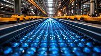 Futuristic industrial conveyor system with glowing blue LED lights creating perspective lines in modern warehouse facility. Automated logistics concept.