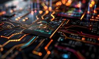 Glowing circuit board paths with colorful LED lights and electronic components in macro photography, showing detailed technology patterns and digital connections.