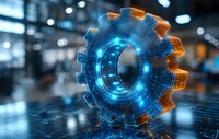 Glowing blue and orange gear wheel with digital circuit pattern on reflective surface against blurred industrial background, symbolizing technological innovation.