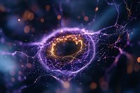 Glowing purple and gold energy vortex with luminous particles and light trails swirling in dark space, creating magical cosmic abstract background effect.