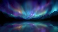Vibrant aurora borealis dancing over mountain lake with colorful reflections in still water, mystical night sky filled with purple, blue and turquoise northern lights.