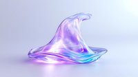 Flowing liquid splash frozen in motion with holographic purple and blue gradient colors on light background, glossy translucent wave shape with smooth curves.