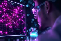 Asian male programmer analyzing data visualization on screen with glowing purple particles and code, illuminated by vibrant neon lighting in dark workspace.