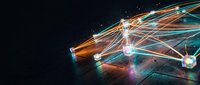 Connected microchip with glowing light trails representing data flow, network communication, and digital technology innovation for tech and business concepts.