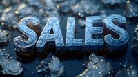 Frozen blue letters spelling SALES on dark background with ice crystals and frost texture creating winter seasonal marketing concept.
