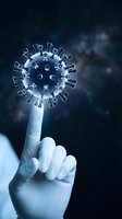 Gloved hand pointing at floating coronavirus particle with spike proteins on dark blue background for medical education and pandemic awareness concepts.