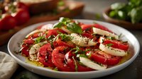 Fresh caprese salad with sliced tomatoes, mozzarella, basil leaves, and olive oil dressing arranged on white plate, close up view of traditional Italian appetizer.