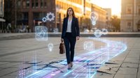 Professional businesswoman walking on digital technology pathway with innovation icons and data visualization in urban city environment at sunset.