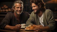 Two men enjoying coffee and croissants at cafe, sharing genuine laughter and conversation in warm atmospheric lighting, casual lifestyle friendship moment.