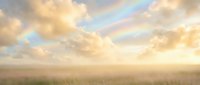 Soft rainbow arcs across golden cloudy sky above peaceful grassland field during warm sunset creating dreamy atmospheric landscape for nature backgrounds.