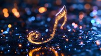 Glowing golden musical note on dark background with bokeh lights and sparkles creates magical atmosphere for music and entertainment concepts.