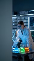 Female scientist in lab coat examining holographic DNA structure with colorful chemical solutions in modern laboratory for genetic research and biotechnology.