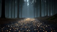 Mystical forest path illuminated by golden light particles on dark ground, creating magical atmosphere in foggy woodland environment.