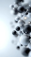 Abstract monochrome spheres floating in space with glowing light effects and soft bokeh on light gray background, modern minimalist design for technology concepts.