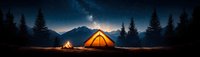 Illuminated orange camping tent glows against majestic mountain backdrop at night, with campfire and starry sky creating magical outdoor wilderness scene in pine forest.