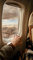Passenger hand touching airplane window with clouds and sky view below during flight travel journey.