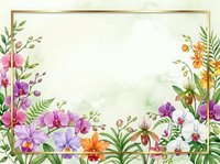Watercolor tropical orchid floral frame with gold border, colorful blooms and green leaves on soft background, copy space for text.