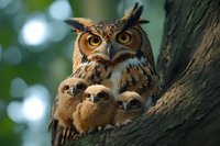 Great horned owl mother protectively watching over three baby owlets nestled together in natural tree hollow with soft bokeh background and warm lighting.