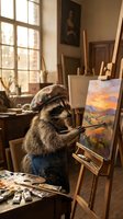 Raccoon artist wearing beret and apron painting landscape on easel in sunlit art studio with brushes and palette for creative design projects.