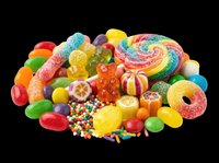 Colorful assorted candy pile with lollipop, gummy bears, jelly beans, and sprinkles, isolated on transparent background, ready for stickers, t-shirt design, and print on demand.