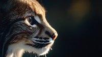 Dramatic close-up profile of lynx face with piercing blue eyes and distinctive fur tufts, illuminated by natural light against dark background. Perfect for wildlife themes.