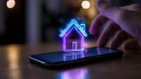 Glowing neon house hologram floating above smartphone screen in dark room with bokeh lights, finger pointing at digital real estate concept.