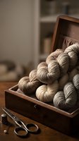 Natural beige yarn skeins in wooden box with vintage scissors and thimble on table. Cozy crafting setup for knitting and crochet projects.