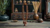 Buddhist prayer beads with brown tassels hanging in zen meditation space, wooden table surface, traditional Asian decor elements and pottery in soft natural light.