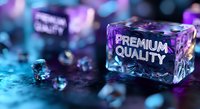 Crystal clear glass cube with premium quality text glowing in neon purple and blue lights against dark background with water drops and bokeh effects.