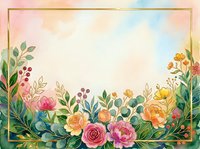 Watercolor floral frame with roses, peonies, and greenery on a soft pastel background with a gold border, perfect for cards and invitations.