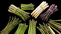 Asparagus bundles in green, white, and purple varieties isolated on transparent background, ready for culinary design, print-on-demand, and food packaging projects.