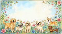 Cute cartoon dogs with flowers and paw prints forming a decorative border frame, pastel watercolor style, copy space for text or greeting cards.