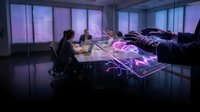 Business team analyzing holographic data projections in modern conference room with purple lighting and futuristic technology interface displays.