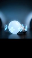 Glowing light bulb surrounded by blue holographic medical icons including cross, heartbeat, syringe, and pill bottle on dark background.