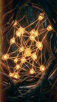 Glowing neural network with golden nodes and connections surrounded by dark organic roots, symbolizing AI, neuroscience, and data flow concepts.