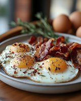 Fried eggs with crispy bacon strips on plate, seasoned with black pepper and herbs, traditional breakfast meal for morning dining and restaurant menus.