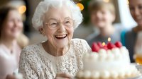 Joyful senior Caucasian woman with white hair and glasses laughing at birthday celebration with cream cake and red berries, wearing lace sweater. Family gathering moment.